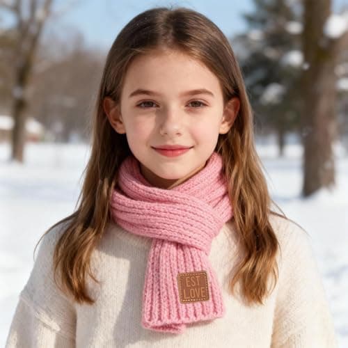 Toumett Kids Scarf,Kids Autumn Winter Knit Scarves,Boys Girls Scarf,Soft Knitted Neck Warmer Kids Scarf,Black/White/Pink Solid Scarf (Pink) — view 4