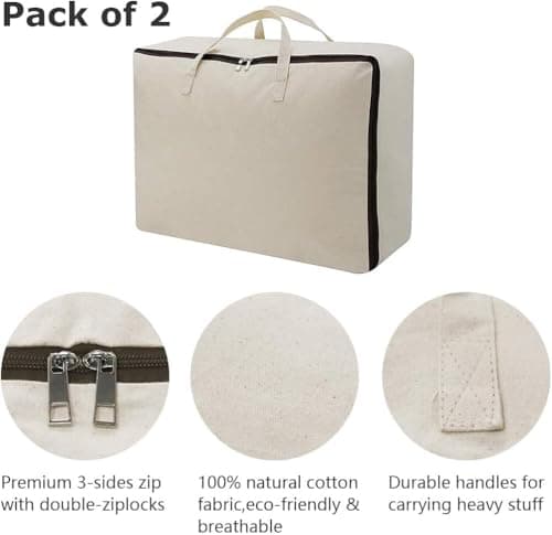 iwill CREATE PRO Pack of 3, Cotton Canvas Storage Soft Bags with Zip Closure & Handles, Good for Blankets, Clothing in Bedroom Wardrobe, Dormitory, Shelves, Beige — view 5