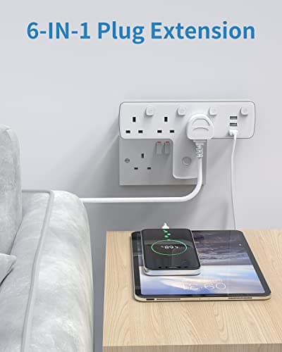 Plug Adapter, Mscien 3 Way Extension Plug with 3 USB, Plug Extension Socket with Independent Switches, Multi Plug Adaptor UK Built-in Surge Protector with 180 Degree Rotation Button — view 3