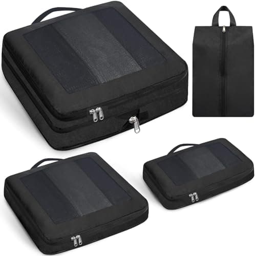 Prezon Large Compression Packing Cubes, Full Open Visible Design, Expandable Packing Organizer with Travel Shoe Bag for Suitcase & Backpack, 4 Set Lightweight Travel Bags for Vacation & Camping