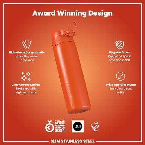 Ion8 Lightweight Steel Water Bottle, 600 ml/20 oz, Non-Insulated, Leak Proof, Easy to Open, Secure Lock, Dishwasher Safe, Flip Cover, Fits Cup Holders, Carry Handle, Metal Water Bottle, Hearty Orange — view 6