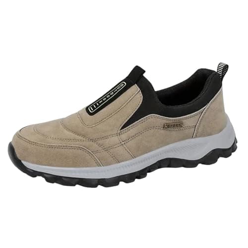 Mens Slip On Trainers Wide Fit Waterproof Walking Shoes, Lightweight Breathable Casual Sneakers with Orthopedic Arch Support, Non-Slip Hands Free Outdoor Shoes for Men Beige