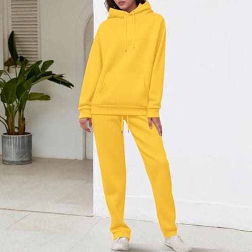 ziubauyke Womens Tracksuit Full Set Two Piece Long Sleeve Hoodie And Cuffed Sweatpants Outfits Lounge Wear Sets Ladies Fall Winter Co Ord Sets Solid Color Casual Travel Activewear Yellow — view 4