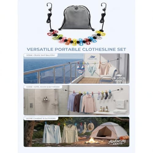 Portable Travel Clothesline with 12 Colorful Random Clips & Gray Storage Bag, Adjustable Elastic Retractable Clothes Washing Line, Heavy Duty Windproof Clothes Line for Camping, Travel, Balcony — view 3