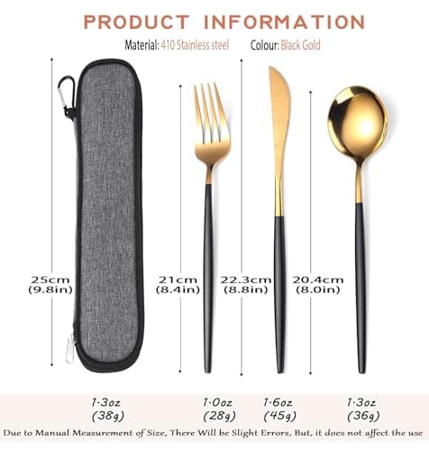 MURRI&MURRDI Travel Reusable Lunch Box for 1 Person, Portable Stainless Steel Cutlery Set with Case, Single Camping Cutlery Set for Office Work Picnic, 3 Piece Knife Fork Spoon in Bag, Black Gold — view 2