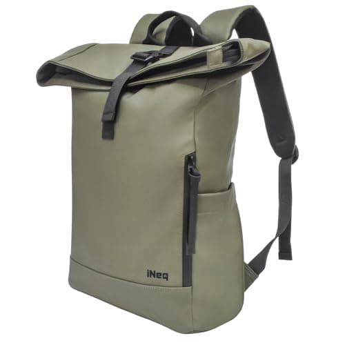 iNeq Roll Top Backpack Water Resistant Men and Women with Padded 15.6" Laptop & Tablet Compartments | Versatile Rolltop Rucksack | Expandable Travel Backpack for Work, School & Outdoors (Olive Green) — view 6
