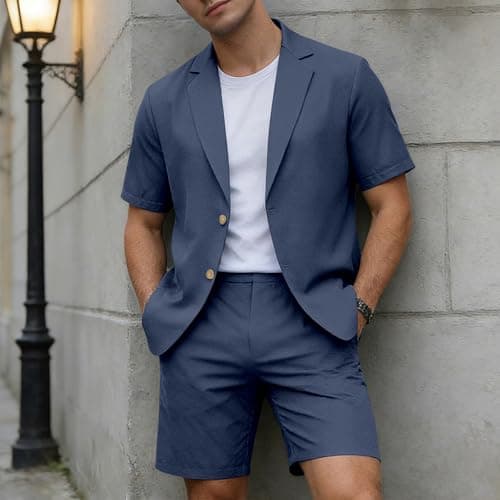 RUMAOZIA Men's Linen Summer Lightweight Suits Short Summer Shirt Set Figure-Shaping Travel Linen Suit Urban Breathable Expedition Oversize Short Sleeve Suit Beach Two Piece Leisure Suit, O Navy, M — view 3