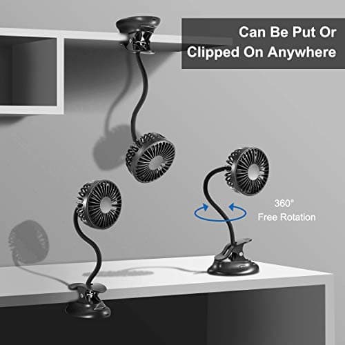 Clip On USB Mini Desk Fan with Emergency Power Bank, Battery Operated Rechargeable Portable Fan - Flexible Neck, 3 Speed Personal Cooling for Baby Stroller, Car, Camping, Office, Dorm, Beach - Black — view 2