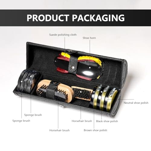 YUET Shoe Polish Kit Cleaning Shine Care Barrel Set For Brown Black Leather With Brush Travel Case Luxury Premium Soft Horsehair Bristle Dauber, Wooden Applicator, Shoehorn, Cloth 12 Piece (Black) — view 5
