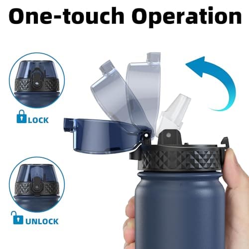 OLDLEY Stainless Steel Water Bottle with Straw 1L Vaccum Insulated Large Drink Flask Metal Water Bottles 1 Litre Leakproof Keep Drinks Hot Cold for Sports Bike Gym Adult Women Men(Navy Blue, 1 Lid) — view 3