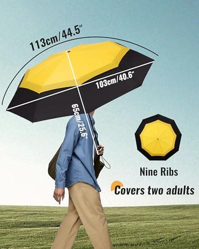 Chakipee Compact Travel Umbrella Windproof Strong- Automatic Folding Umbrellas for Wind and Rain, Double Vented Canopy 210T Fabric 102cm Span - 9 Ribs Portable Umbrella for Men and Women Yellow — view 3