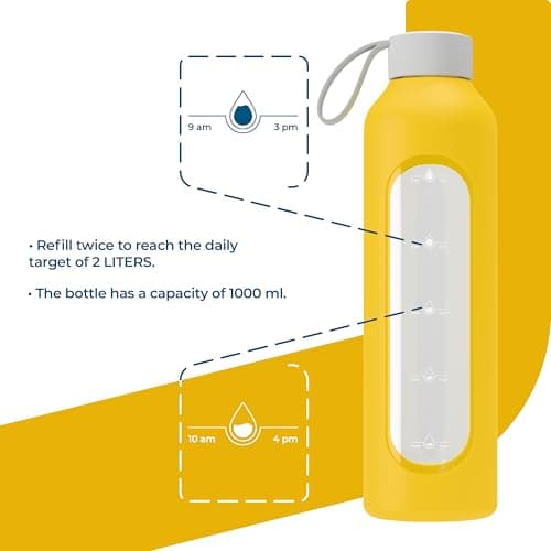 Wessper Glass Water Bottle 1L with Time Markings, BPA-Free Drinking Motivation Borosilicate Water Bottle, Airtight Glass Bottle with Bamboo Lid, Reusable with Silicone Case - Yellow — view 3