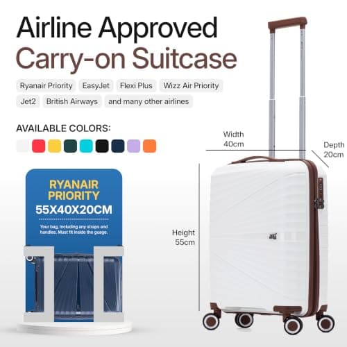 ATX Luggage 55x40x20cm Cabin Suitcase Lightweight Durable Polypropylene Small Suitcase with 4 Dual Spinner Wheels and Built-in TSA Lock (White/Brown, 21 Inches, 44 Liters) — view 2