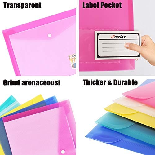 Wallets - 10 Pack A4 Folders Document Files Envelope - Plastic Popper With Label Pocket and Snap Button for School Office Homework Travel, Assorted Colours — view 4