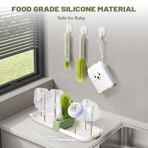 Baby Bottle Brushes for Cleaning Baby Bottle Cleaner Brush Travel Steriliser for Baby Travel Essentials with Silicone Bottle/Nipple/Straw Brush Soap Dispenser Drying Rack (Green) — view 6