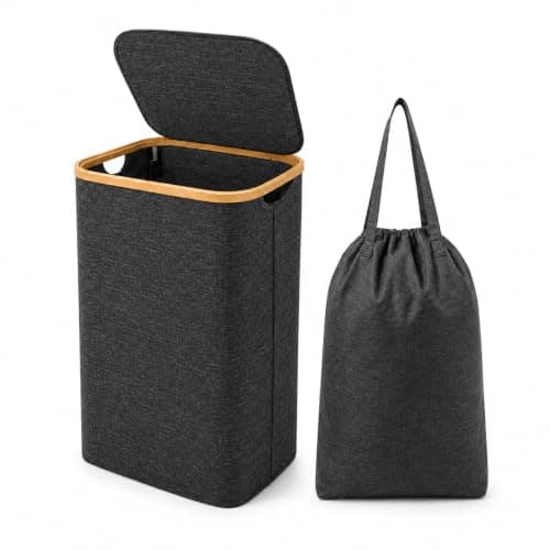 Bamboo Laundry Basket,Removable Bag, Foldable Clothes Hamper,Charcoal, 85L