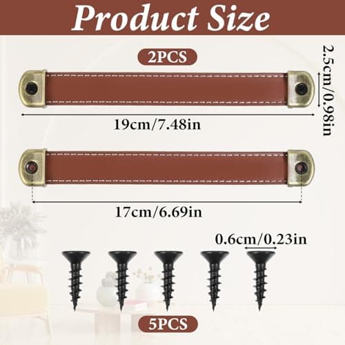 Larrel 2 Pcs Leather Drawer Pulls, Brown Leather Strap Handles with 4 Pcs Mounting Screws, Lightweight Leathers Luggage Handle for Trunk Suitcase Luggage Dresser Door — view 2