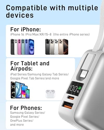 VINKO 20000mAh Fast Charging Power Bank, Small Power Bank with Built-in Cable, 22.5W USB C Portable Charger, Mini Battery Pack for iPhone 16 15 14 13 Samsung Galaxy Google Android (Sliver) — view 5