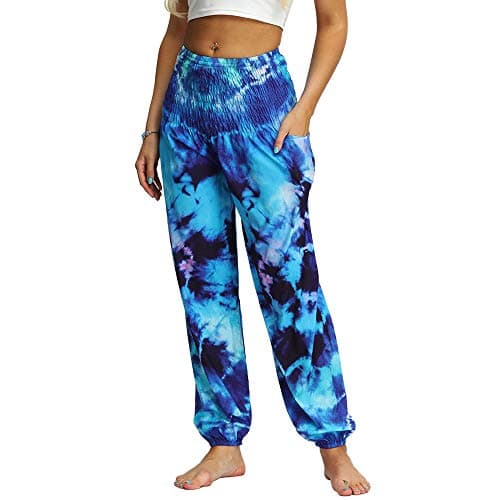 Nuofengkudu Women's Hippie Baggy Harem Trousers Smocked High Waist Soft Bohemian Print Colourful Yoga Pants with Pockets Lightweight Flowy Travel Holiday Beachwear (Blue A,One Size) — view 2