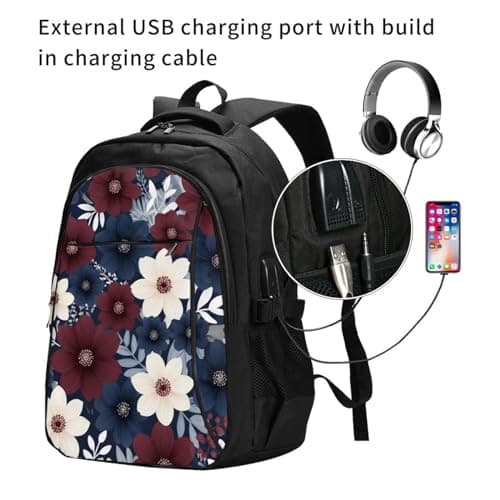 ZHANLEI maroon and navy flowers Printed Backpack,Travel Laptop Backpack for Men Women with USB Charger Port, Maroon and Navy Flowers, One Size — view 2