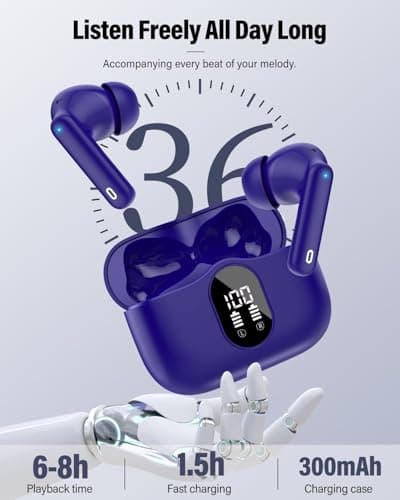 Wireless Earbuds, Bluetooth 5.4 Headphones In Ear with 4 ENC Mic, 2026 Wireless Earphones Noise Cancelling Deep Bass, LED Display, Bluetooth Earbuds 36H Playtime, IP7 Waterproof Ear buds, Dark Blue — view 5