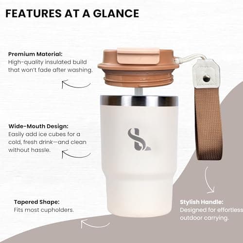 SimplyLivin Insulated Coffee Cup Travel Mug 480ml 16oz | Tumbler Flask with Straw & Spout Lid | Leakproof | 8H Hot 12H Cold | Reusable Coffee Cup | Stainless Steel Tumbler | Gift | Classic Beige — view 4