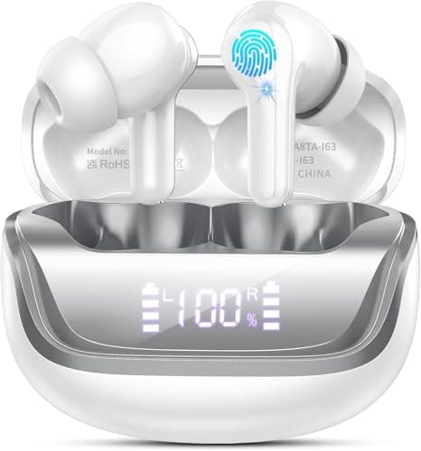 Wireless Earbuds, Bluetooth 5.4 Headphones with 4 ENC Noise Cancelling Microphone, Ear buds HiFi Stereo Deep Bass, Bluetooth Earphones 40H Playtime LED Display, IP7 Waterproof Touch Control, White
