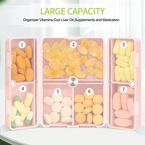 FYY 7 Day Pill Organiser, Travel Tablet Box, [Foldable Design] Weekly Medication Case, Portable Daily Supplements Storage Organizer for Vitamins, Cod Liver Oil, Small-Pink — view 2