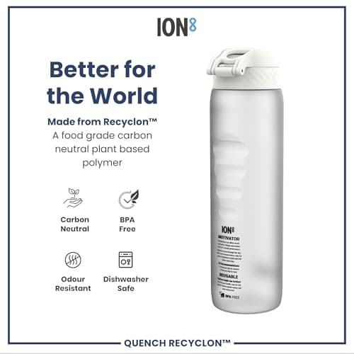 ION8 1 Litre Water Bottle with Times to Drink, Leak Proof, Flip Lid, Carry Handle, Dishwasher Safe, BPA Free, Soft Touch Contoured Grip, Ideal for Gym, Health and Fitness, 32 oz, White — view 5