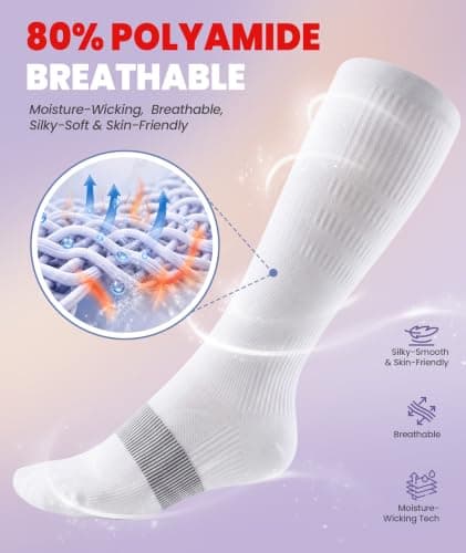 PULIOU Cooling Compression Socks for Women and Men, 20–30 mmHg Graduated Compression, Circulation Knee High Flight Socks for Flying, Travel, Sport, Nurses, 2 Pairs, White L-XL — view 5