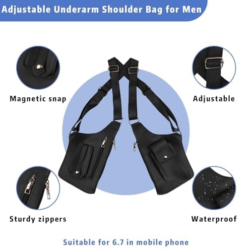 HONMINHUA Underarm Shoulder Bag for Men, Double Shoulder Bag with Adjustable Strap Anti-Theft Backpack Underarm Case, Sentinel Bags, Multi-Pocket Men's Leather Bags for Wallet Pocket Phone(Black) — view 4