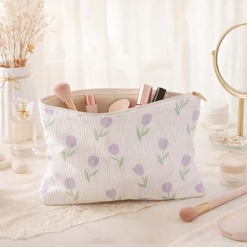 Soft Corduroy Tulip Cosmetic Bag with Zipper - Compact Travel Toiletry Pouch for Women, Floral Lavender Green Print Organiser Storage Pouch for Makeup Essentials & Skincare — view 2