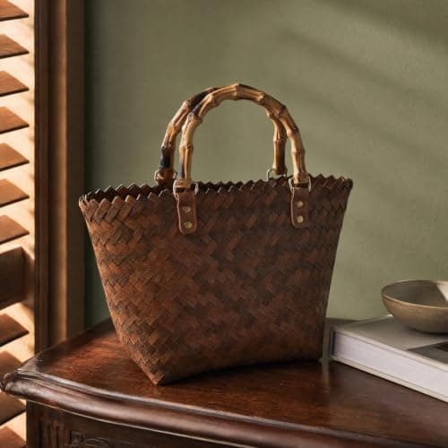 Alasum Straw Tote Bag for Women, Woven Beach Bag with Bamboo Handle, Coffee — view 5