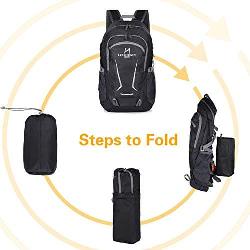 Loocower 45L Lightweight Foldable Backpack Walking Rucksack Hiking Daypack Packable Camping Travel Outdoor Sport Knapsack for Men Women - Black — view 3