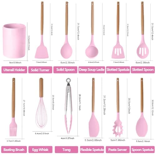 12 Pcs Kitchen Utensil Set, Silicone Cooking Utensils Set with Wooden Handle, Heat Resistant, Nonstick Cookware Tongs Spatula Spoon Set with Storage Bucket for Home, Camping, Dishwasher Safe (Pink) — view 2