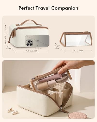 Prite 3 Pcs Travel Makeup Bag Set for Women with 2 Clear TPU Pouches, Beige — view 3