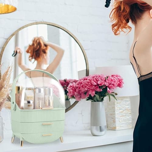SIOOUI Makeup Organizer for Vanity, Portable Waterproof Dustproof Bathroom Organizer and Storage with Lid, Cosmetic Display Case Skincare Organizers (Mint Green) — view 6