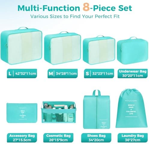 BAGAIL 8-Piece Packing Cubes Set, Travel Organizers with Breathable Mesh & Shoe Bag, Lightweight Nylon Packing Organisers for Luggage Suitcase, 9 Colors - Blue Sky — view 3
