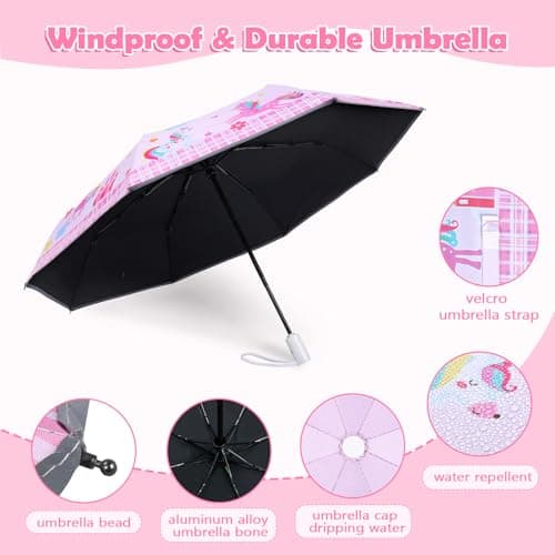 Kids Folding Umbrella, Windproof Automatic Travel Umbrella for Girls Pink — view 4