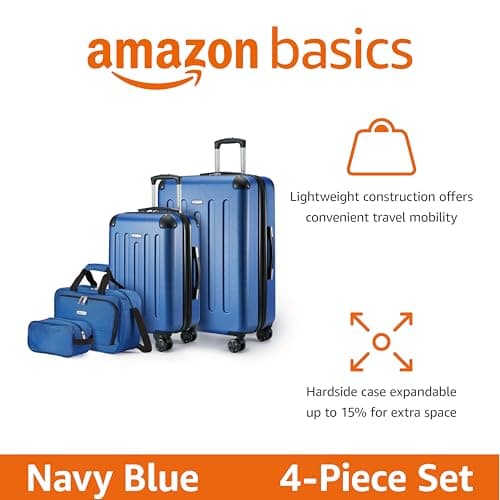 Amazon Basics Hardside Spinner Luggage Set, 4-Piece, Large Suitcase, Carry-On Suitcase, Tote Bag, Compact Travel Bag, Expandable, 4 Spinner Wheels, Navy Blue — view 2