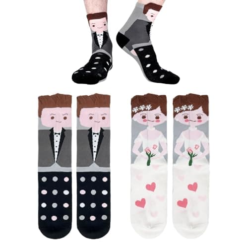 TYGFRT 2 Pairs of Wedding Socks for Men and Women, Cute and Funny Couple Socks, Gifts for Newlyweds, Small Funny Presents, Bride and Groom Calf Socks for Engagement