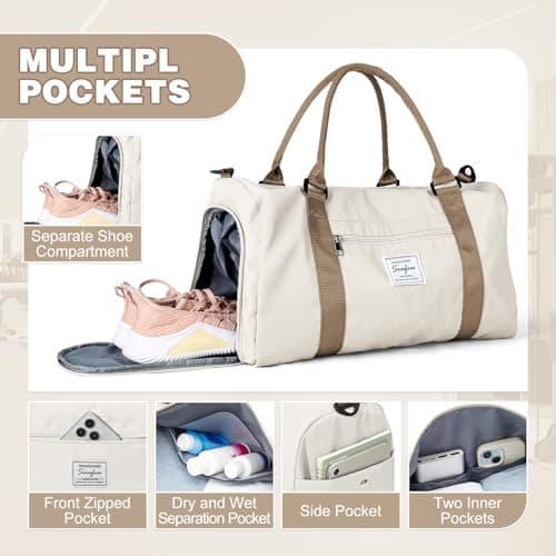 WEPLAN Gym Bag Womens Men Sports Fitness Bags Weekend Overnight Bag Travel Duffle Bags for Women with Shoes Compartment Wet Pocket,Holdall Hospital for Swimming Carry on Hand Luggag,A19-Beige Brown — view 4