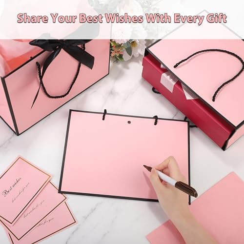 Vivantia Medium Gift Bags Set 3 Pack Pink Paper Gift Bag with Black Edge Greeting Cards Ribbons Tissue Papers Present Bags with Handles for Gift Wrapping Birthday Wedding Baby Shower — view 4