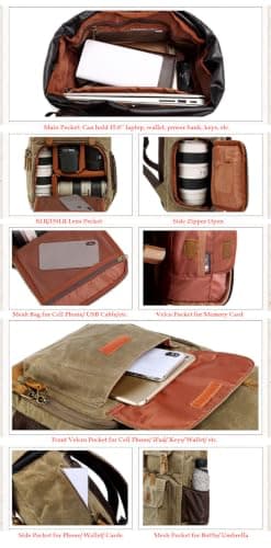 YUHAN Camera Bag, Canvas SLR DSLR Camera Backpack Large Capacity Front Open Waterproof Anti-shock Camera Rucksack Camera Travel Bag Professional Camera Lens Organizer Khaki — view 5