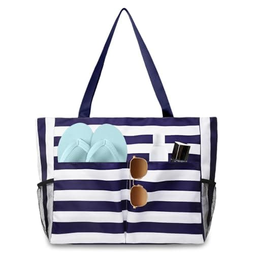 flintronic Extra Large Lightweight Beach Bag, Waterproof Beach Tote Bag with Zip, Foldable Shoulder Bag for Women, Reusable Shopping Bag, for Beach Travel Holiday Swimming Picnic,Navy Blue