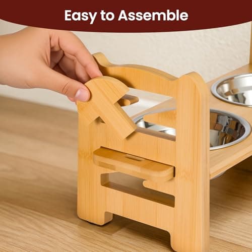 BREEZENEST Raised Dog Bowl 6-Level Adjustable Height, Bamboo Elevated Dog Bowls with Stand 15° Tilt, 2 Stainless Steel Pet Bowl, Anti-Slip Foldable Dog Feeding Station for Small Medium Dogs & Cats — view 4