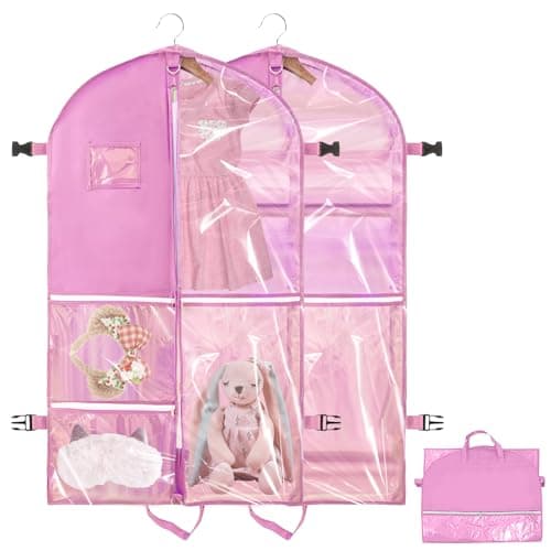 SPOKKI 2 Pcs 40 Inch Dance Costume Bag, Space-Saving Hanging Dress Bags with 5 Zippered Pockets, Waterproof & Foldable Travel Garment Bags with ID Slot - Ideal for Girl Dancers and Women (Pink)