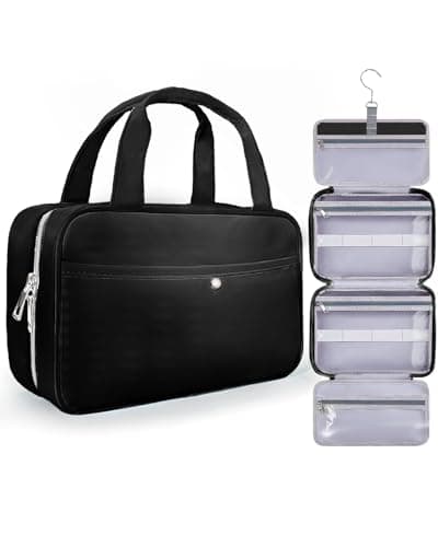 Chakipee Travel Hanging Toiletry Bag for Women - Foldable Toiletries Waterproof Organizer with Clear Window, Lightweight Wash Bags for Essentials, Makeup, Shampoo，Black, Medium