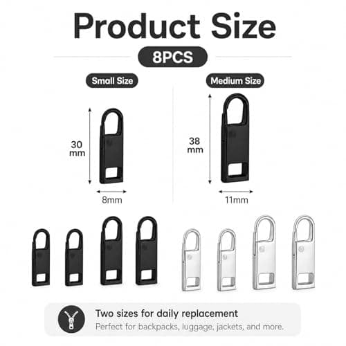ApexPine 8 Pcs Metal Zipper Pull Replacements 2 Sizes for Bags Clothes — view 2