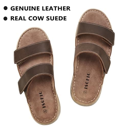 ISQFIQ Wide Fit Mens Sliders Sandals, Real Leather Walking Sandal with Adjustable Strap, Open Toe Indoor Outdoor Mules Shoes for Summer Casual Travel Hiking Beach Trekking Fisherman Dark Brown UK 12 — view 4